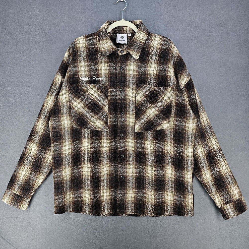 Inaka Power Shirt Mens XL Brown Plaid Wool Blend Flannel Button Up Long Sleeve